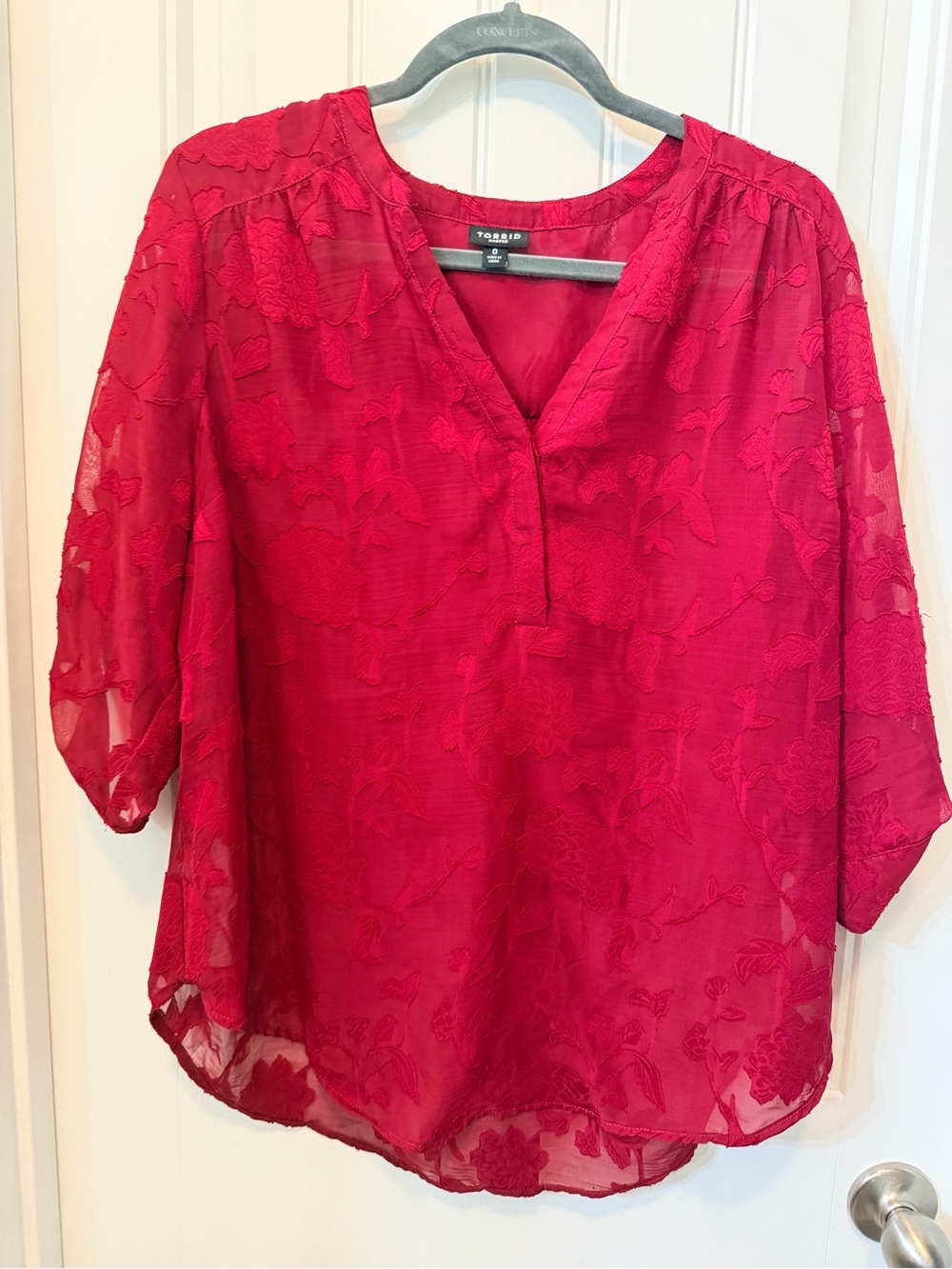 torrid red Sheer Floral Embroidered V-Neck Blouse